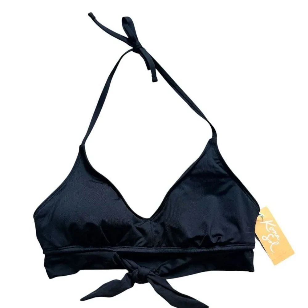 NWT Womens Kona Sol Solid Black Halter Tie Lightly Padded Detail Bikini Top - S